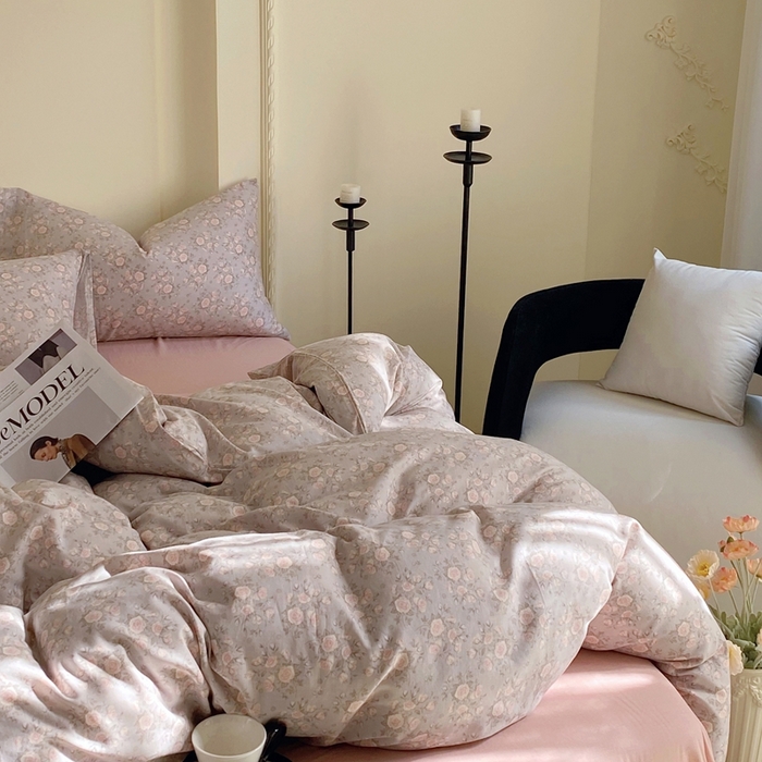 91家纺网 家纺一手货源 找家纺 于果 2025新款全棉双层纱四件套 玫瑰-灰