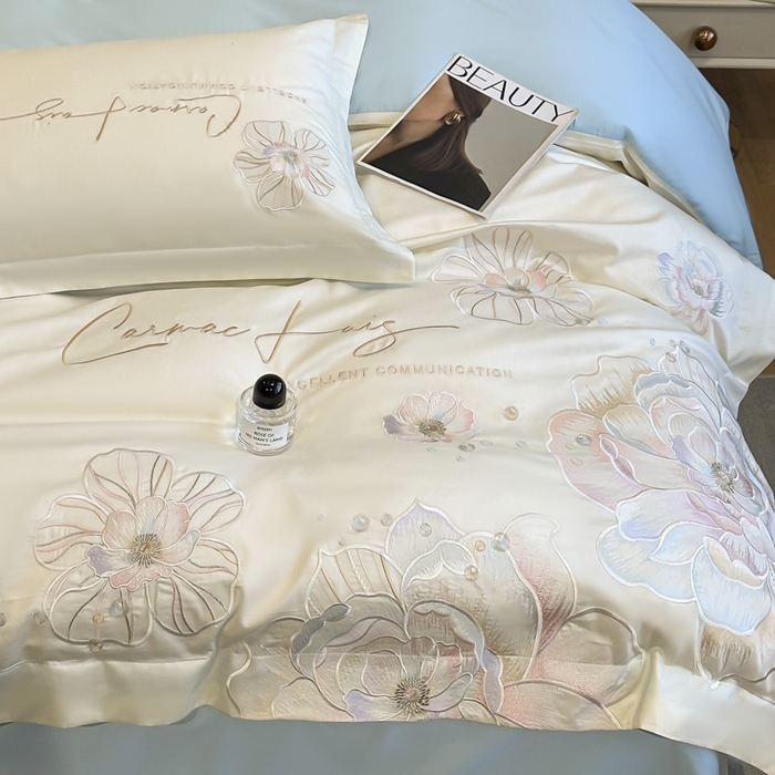 91家纺网 家纺一手货源 找家纺 欧乐蒂 2025新款亲肤棉刺绣四件套-花韵 花韵-白兰