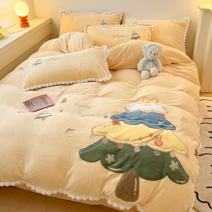 91家纺网 家纺一手货源 找家纺 （买家秀爆款不断货）A类母婴级獭兔绒四件套珊瑚绒四件套雪花绒四件套工艺款兔兔牛奶绒四件套兔毛绒四件套 星愿树-奶油黄