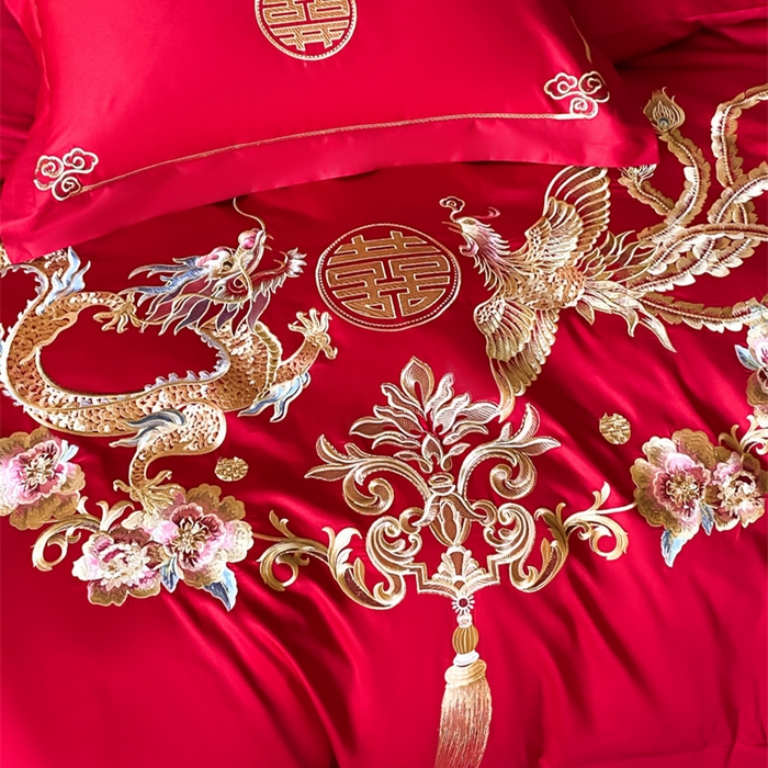 91家纺网 家纺一手货源 找家纺 欧乐蒂 2025新款全棉刺绣婚庆四件套 龙凤和美