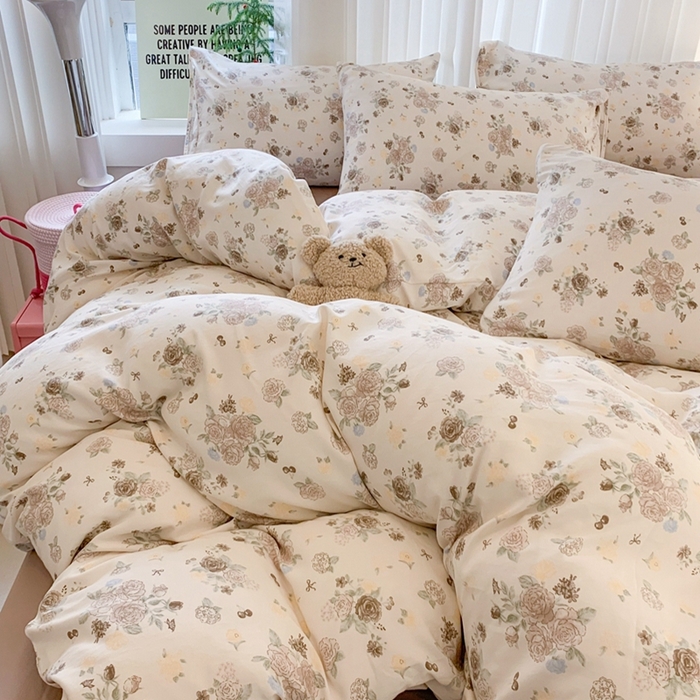 91家纺网 家纺一手货源 找家纺 吾欢心 2025新款针织棉双层纱四件套 薄雾玫瑰