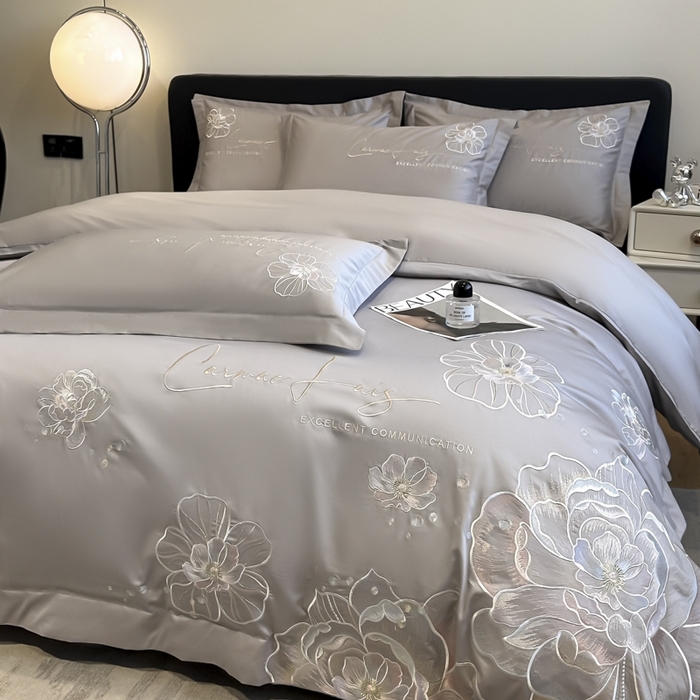 91家纺网 家纺一手货源 找家纺 欧乐蒂 2025新款亲肤棉刺绣四件套-花韵 花韵-夜灰