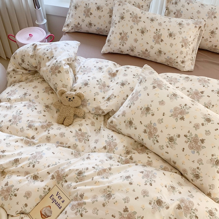 91家纺网 家纺一手货源 找家纺 吾欢心 2025新款针织棉双层纱四件套 薄雾玫瑰