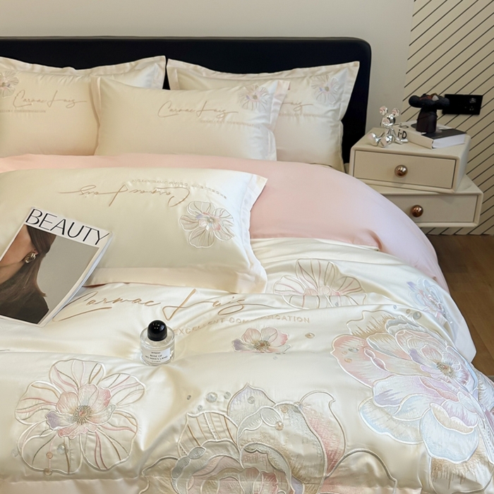 91家纺网 家纺一手货源 找家纺 欧乐蒂 2025新款亲肤棉刺绣四件套-花韵 花韵-白桃