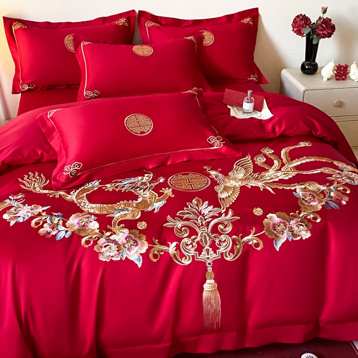 91家纺网 家纺一手货源 找家纺 欧乐蒂 2025新款全棉刺绣婚庆四件套 龙凤和美