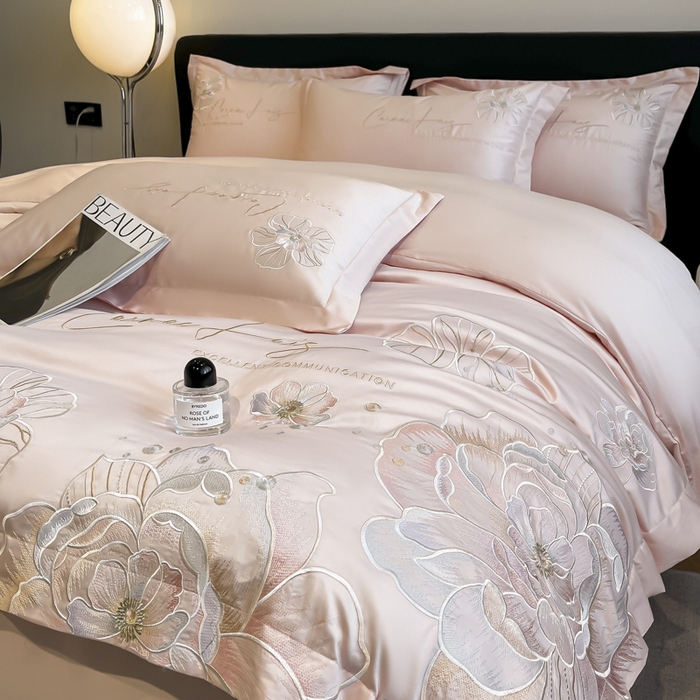 91家纺网 家纺一手货源 找家纺 欧乐蒂 2025新款亲肤棉刺绣四件套-花韵 花韵-颜粉