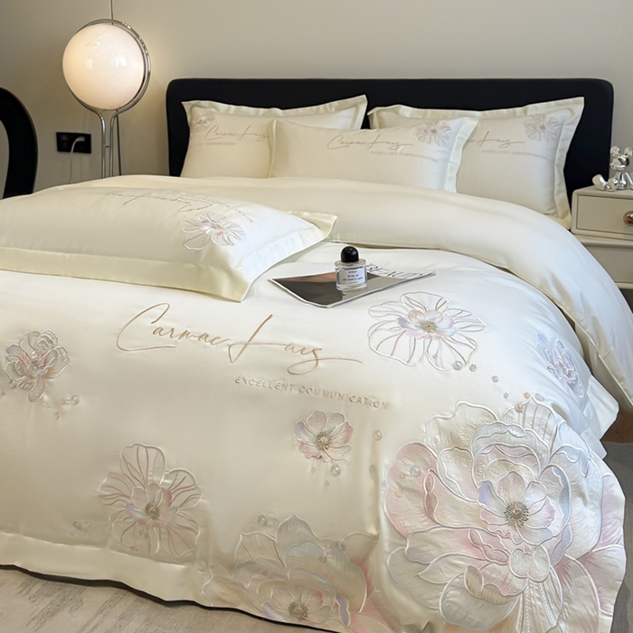 91家纺网 家纺一手货源 找家纺 欧乐蒂 2025新款亲肤棉刺绣四件套-花韵 花韵-暖白