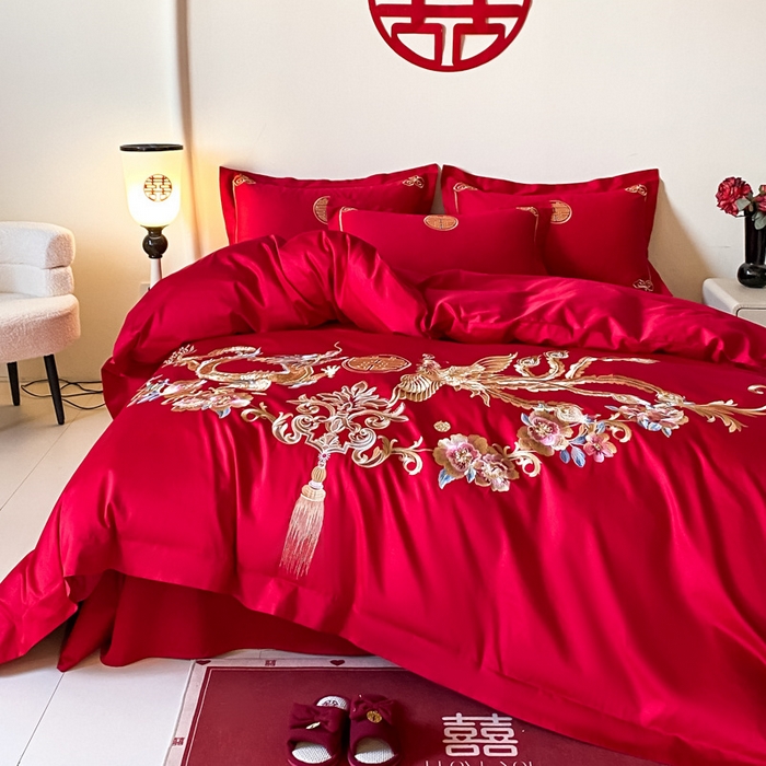 91家纺网 家纺一手货源 找家纺 欧乐蒂 2025新款全棉刺绣婚庆四件套 龙凤和美