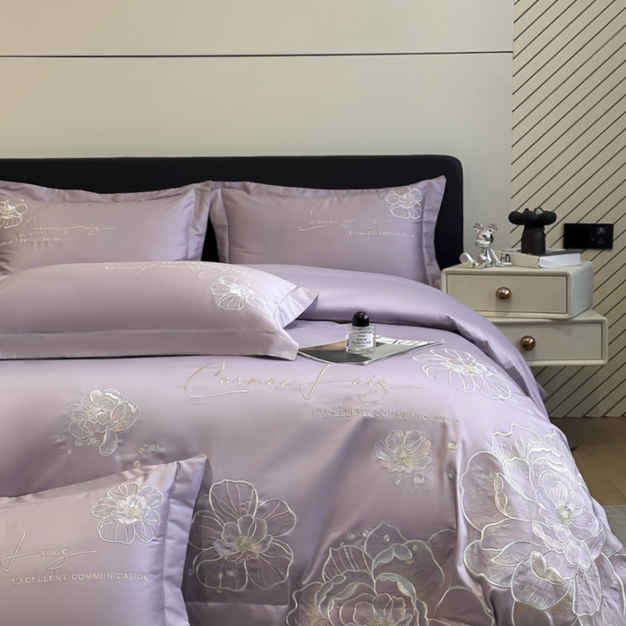 91家纺网 家纺一手货源 找家纺 欧乐蒂 2025新款亲肤棉刺绣四件套-花韵 花韵-芋紫