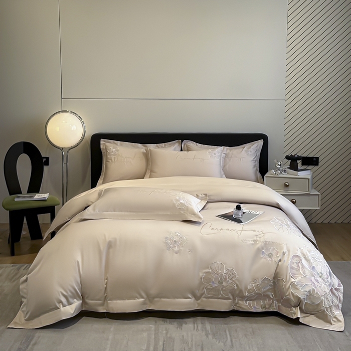 91家纺网 家纺一手货源 找家纺 欧乐蒂 2025新款亲肤棉刺绣四件套-花韵 花韵-金咖