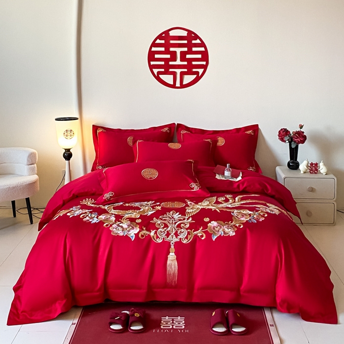 91家纺网 家纺一手货源 找家纺 欧乐蒂 2025新款全棉刺绣婚庆四件套 龙凤和美