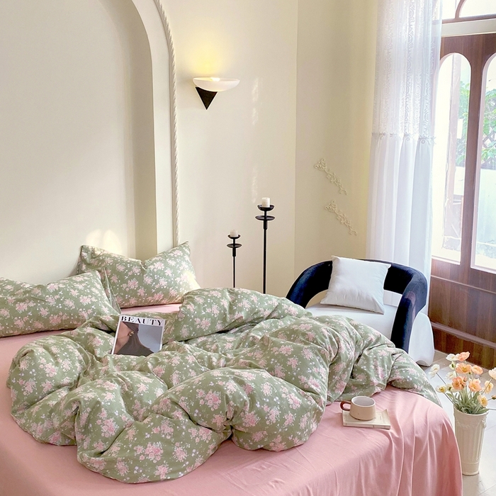 91家纺网 家纺一手货源 找家纺 于果 2025新款全棉双层纱四件套 玛德琳娜-绿