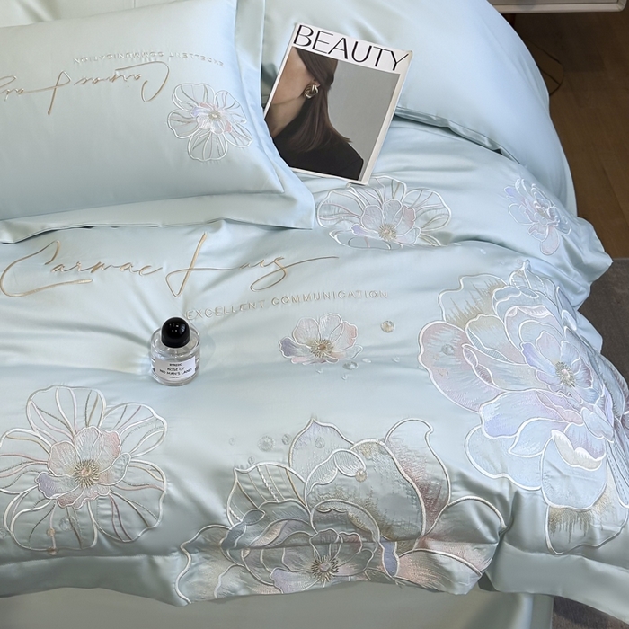 91家纺网 家纺一手货源 找家纺 欧乐蒂 2025新款亲肤棉刺绣四件套-花韵 花韵-茶绿