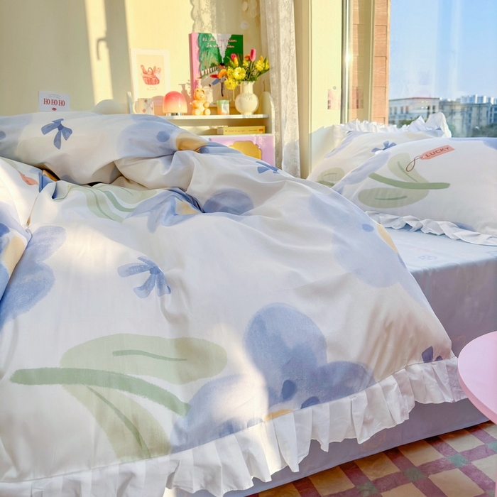 91家纺网 家纺一手货源 找家纺 （总）蓝邻 2023新款全棉印花韩版花边款四件套