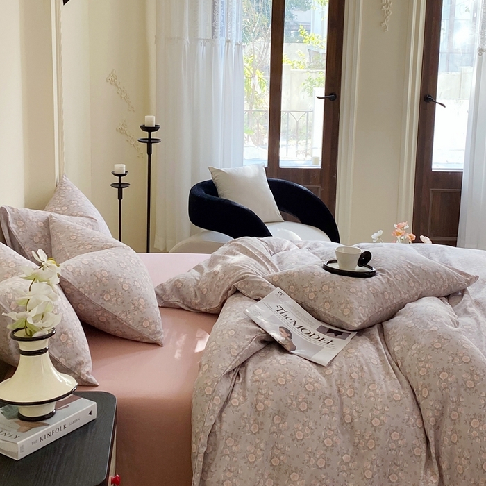 91家纺网 家纺一手货源 找家纺 于果 2025新款全棉双层纱四件套 玫瑰-灰