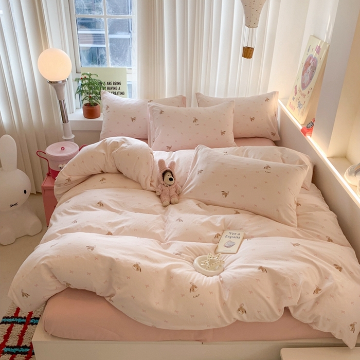 91家纺网 家纺一手货源 找家纺 吾欢心 2025新款针织棉双层纱四件套 可爱小兔