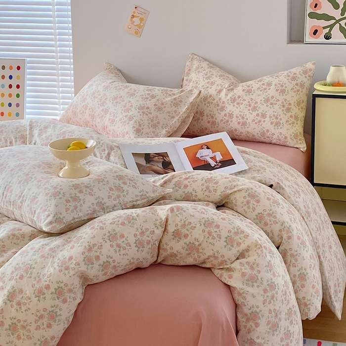 91家纺网 家纺一手货源 找家纺 于果 2025新款全棉双层纱四件套 玫瑰-米