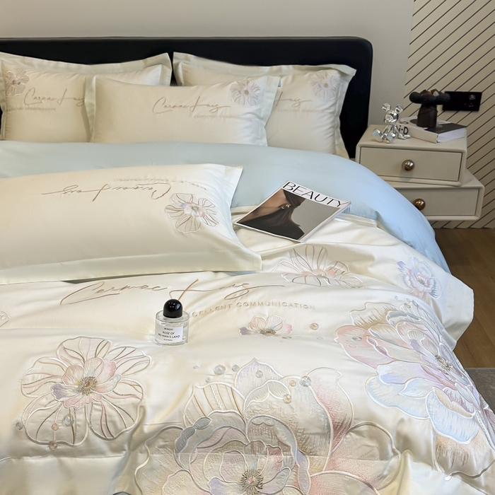 91家纺网 家纺一手货源 找家纺 欧乐蒂 2025新款亲肤棉刺绣四件套-花韵 花韵-白兰