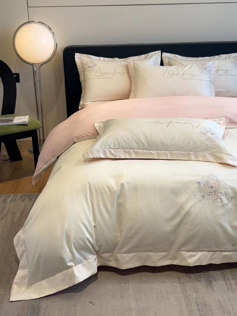 91家纺网 家纺一手货源 找家纺 欧乐蒂 2025新款亲肤棉刺绣四件套-花韵 花韵-白桃