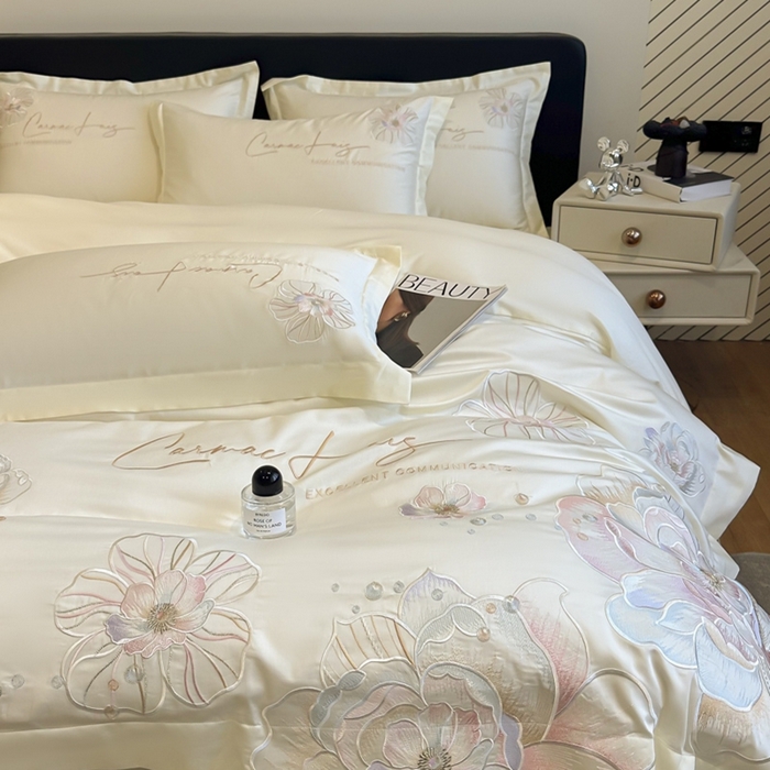 91家纺网 家纺一手货源 找家纺 欧乐蒂 2025新款亲肤棉刺绣四件套-花韵 花韵-暖白