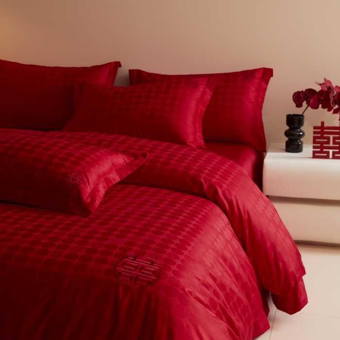 91家纺网 家纺一手货源 找家纺 欧乐蒂 2025新款高支高密提花婚庆四件套 双囍-红