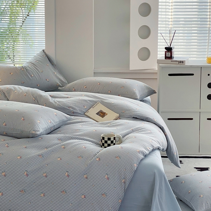 91家纺网 家纺一手货源 找家纺 于果 2025新款全棉双层纱四件套 金菠萝-蓝