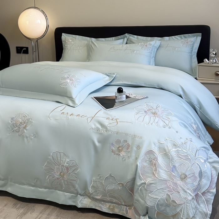 91家纺网 家纺一手货源 找家纺 欧乐蒂 2025新款亲肤棉刺绣四件套-花韵 花韵-茶绿