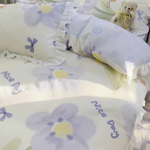 91家纺网 家纺一手货源 找家纺 （总）蓝邻 2023新款全棉印花韩版花边款四件套