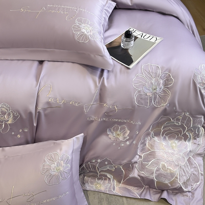 91家纺网 家纺一手货源 找家纺 欧乐蒂 2025新款亲肤棉刺绣四件套-花韵 花韵-芋紫