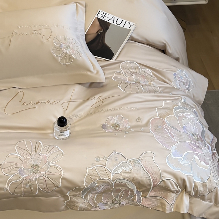 91家纺网 家纺一手货源 找家纺 欧乐蒂 2025新款亲肤棉刺绣四件套-花韵 花韵-金咖