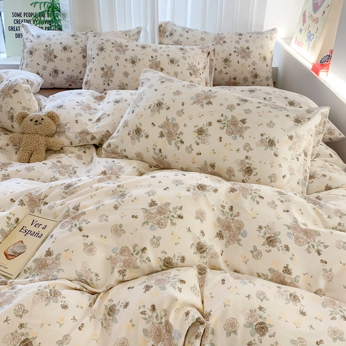 91家纺网 家纺一手货源 找家纺 吾欢心 2025新款针织棉双层纱四件套 薄雾玫瑰