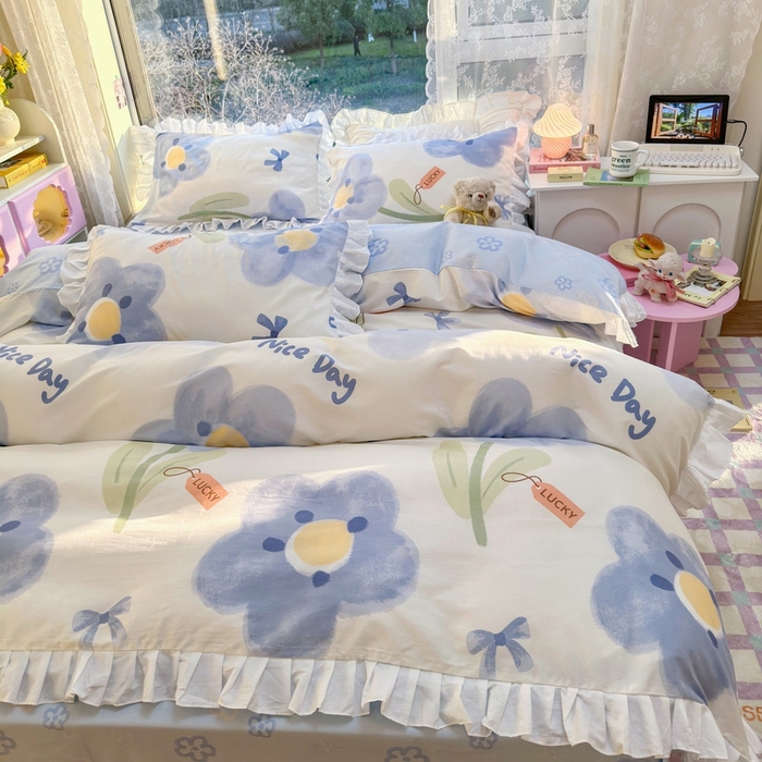 91家纺网 家纺一手货源 找家纺 （总）蓝邻 2023新款全棉印花韩版花边款四件套