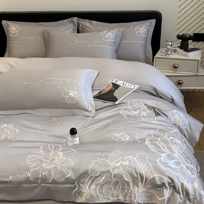 91家纺网 家纺一手货源 找家纺 欧乐蒂 2025新款亲肤棉刺绣四件套-花韵 花韵-夜灰