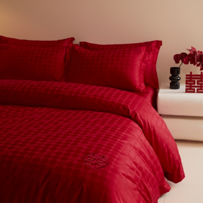 91家纺网 家纺一手货源 找家纺 欧乐蒂 2025新款高支高密提花婚庆四件套 双囍-红