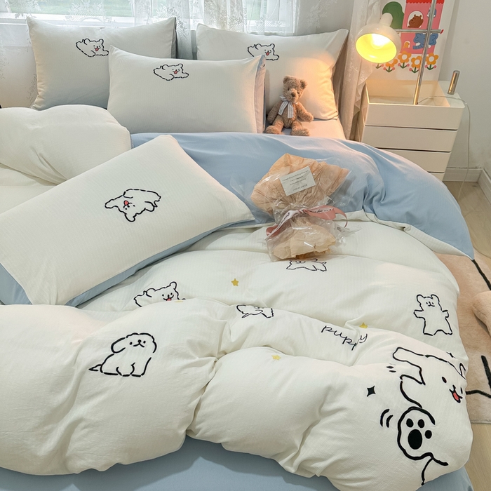 91家纺网 家纺一手货源 找家纺 多乐家纺 2025新款超柔加厚有氧提花针织小竺棉绣花四件套(提供买家秀） 小白-白蓝