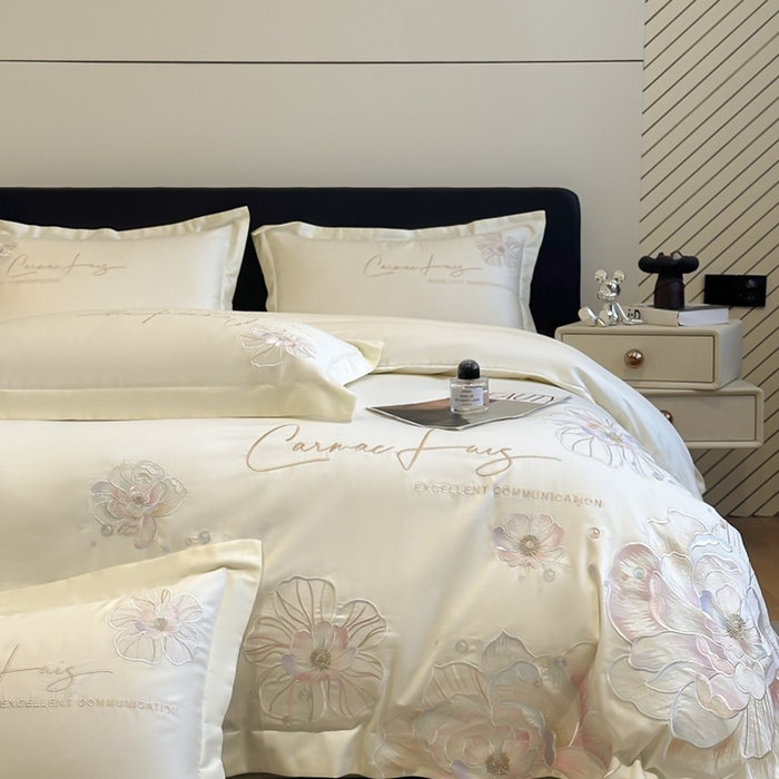 91家纺网 家纺一手货源 找家纺 欧乐蒂 2025新款亲肤棉刺绣四件套-花韵 花韵-暖白