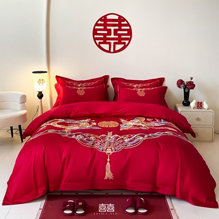 欧乐蒂 2025新款全棉刺绣婚庆四件套 龙姿凤彩