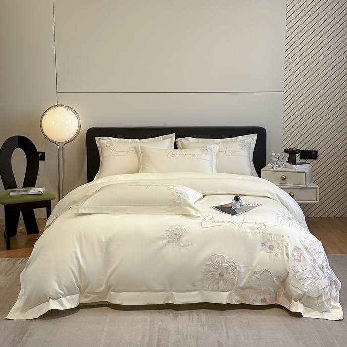 91家纺网 家纺一手货源 找家纺 欧乐蒂 2025新款亲肤棉刺绣四件套-花韵 花韵-暖白