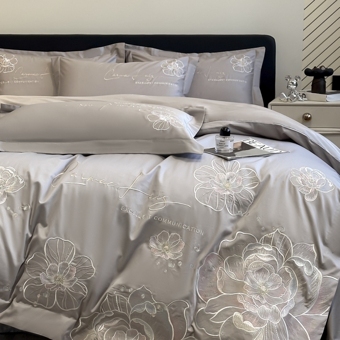 91家纺网 家纺一手货源 找家纺 欧乐蒂 2025新款亲肤棉刺绣四件套-花韵 花韵-夜灰