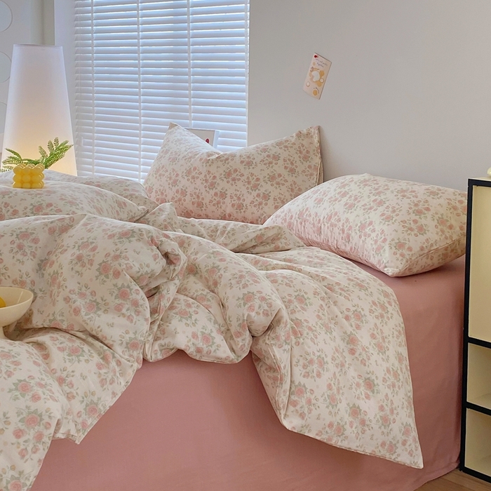 91家纺网 家纺一手货源 找家纺 于果 2025新款全棉双层纱四件套 玫瑰-米