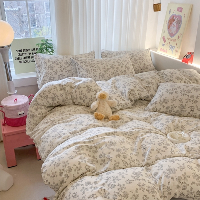 91家纺网 家纺一手货源 找家纺 吾欢心 2025新款针织棉双层纱四件套 海棠花开