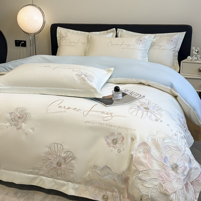 91家纺网 家纺一手货源 找家纺 欧乐蒂 2025新款亲肤棉刺绣四件套-花韵 花韵-白兰