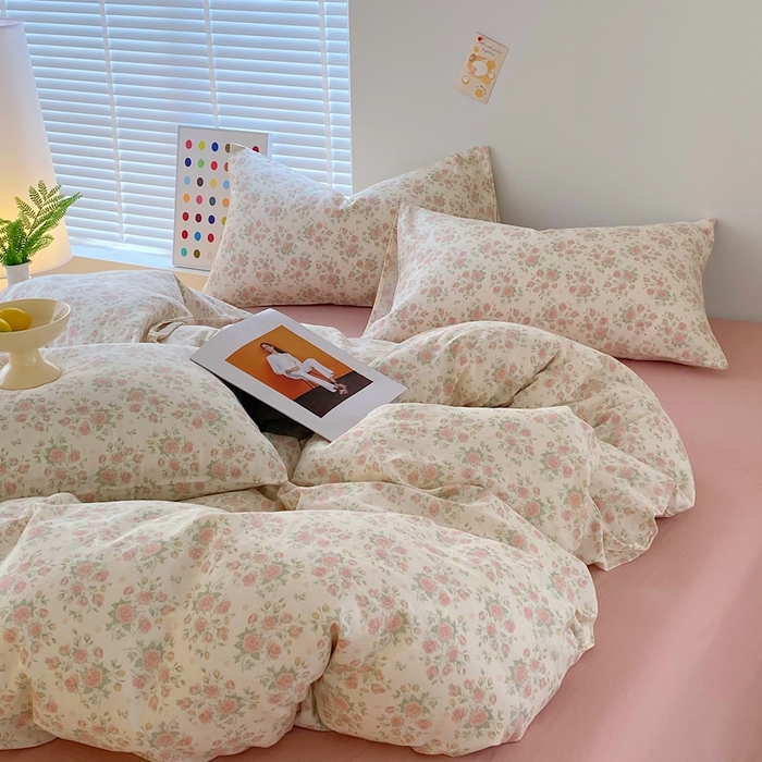 91家纺网 家纺一手货源 找家纺 于果 2025新款全棉双层纱四件套 玫瑰-米