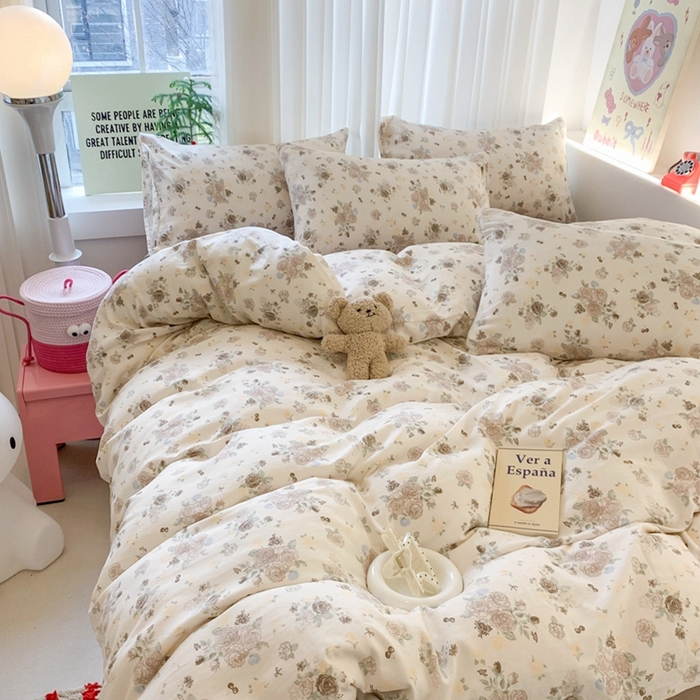 91家纺网 家纺一手货源 找家纺 吾欢心 2025新款针织棉双层纱四件套 薄雾玫瑰