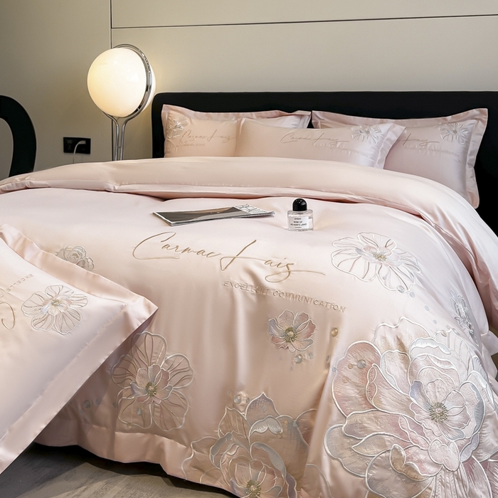 91家纺网 家纺一手货源 找家纺 欧乐蒂 2025新款亲肤棉刺绣四件套-花韵 花韵-颜粉