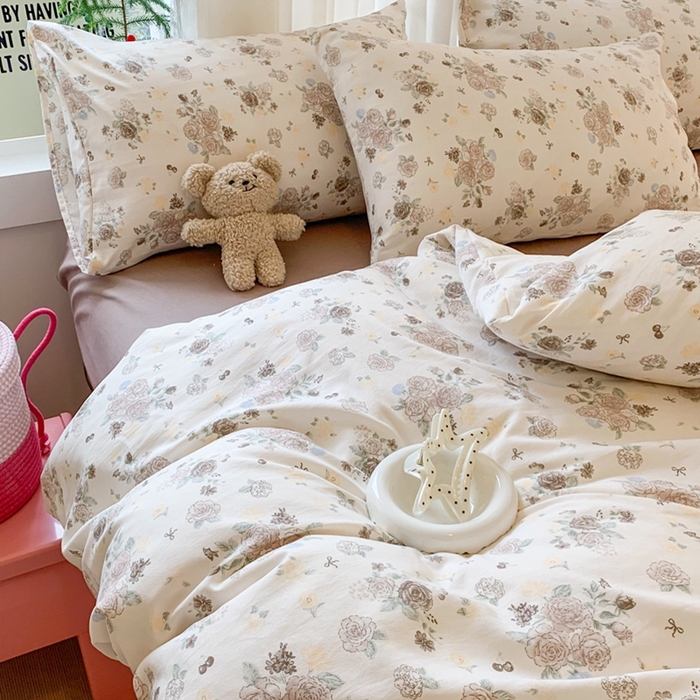 91家纺网 家纺一手货源 找家纺 吾欢心 2025新款针织棉双层纱四件套 薄雾玫瑰