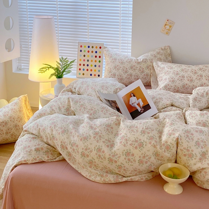 91家纺网 家纺一手货源 找家纺 于果 2025新款全棉双层纱四件套 玫瑰-米