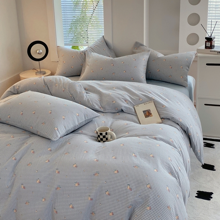 91家纺网 家纺一手货源 找家纺 于果 2025新款全棉双层纱四件套 金菠萝-蓝