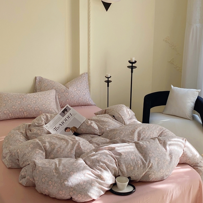 91家纺网 家纺一手货源 找家纺 于果 2025新款全棉双层纱四件套 玫瑰-灰