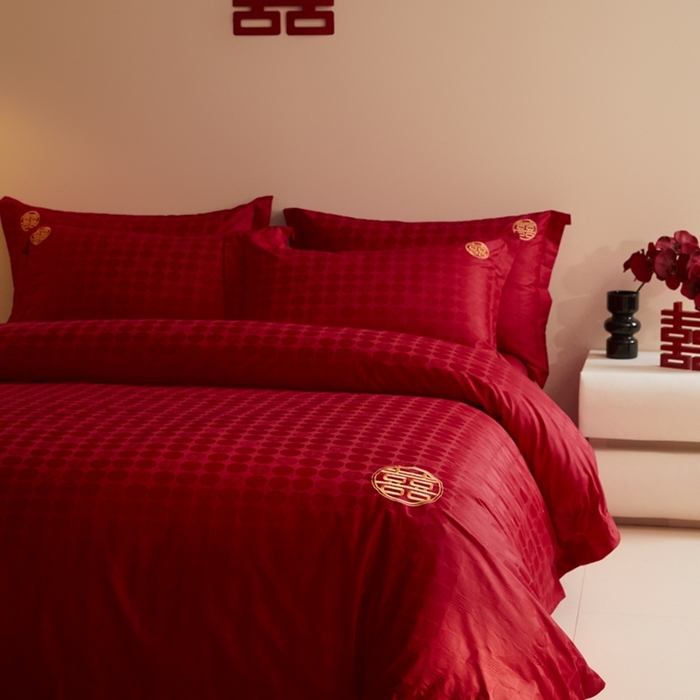 91家纺网 家纺一手货源 找家纺 欧乐蒂 2025新款高支高密提花婚庆四件套 双囍-金